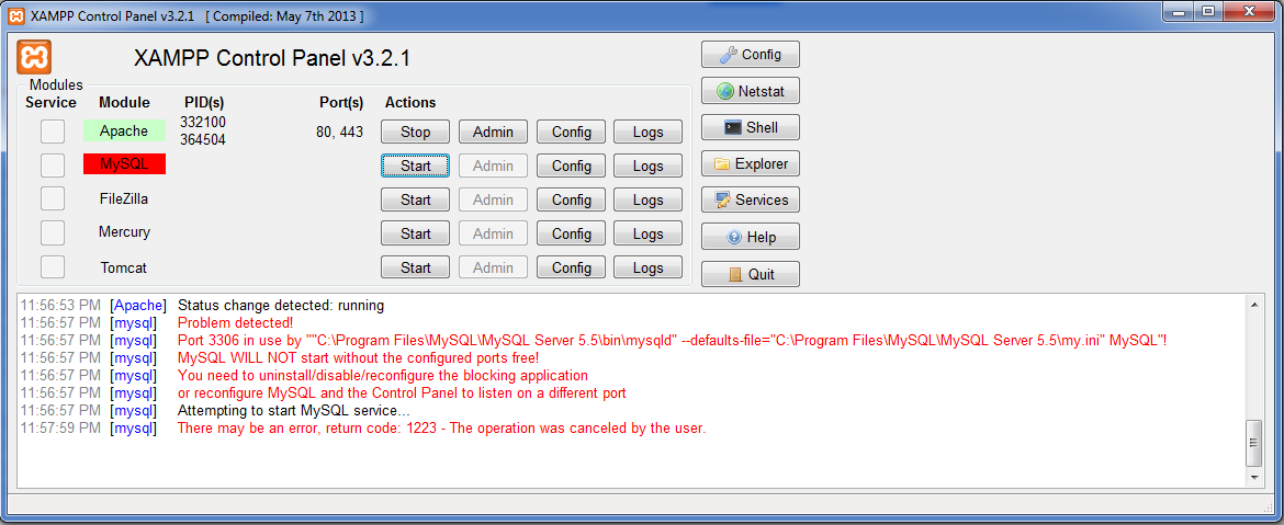 xampp control panel v3.2.1 php version